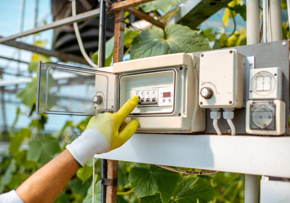 Switching watering system on the agricultural farm, close-up view