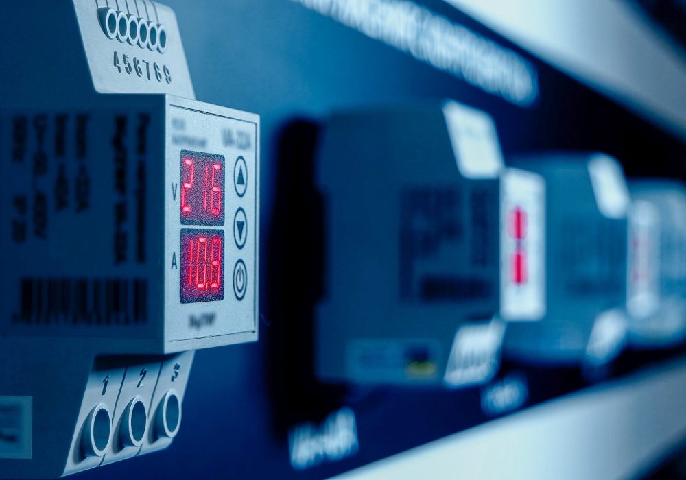Many voltage relays on the plant factory. System power control.
