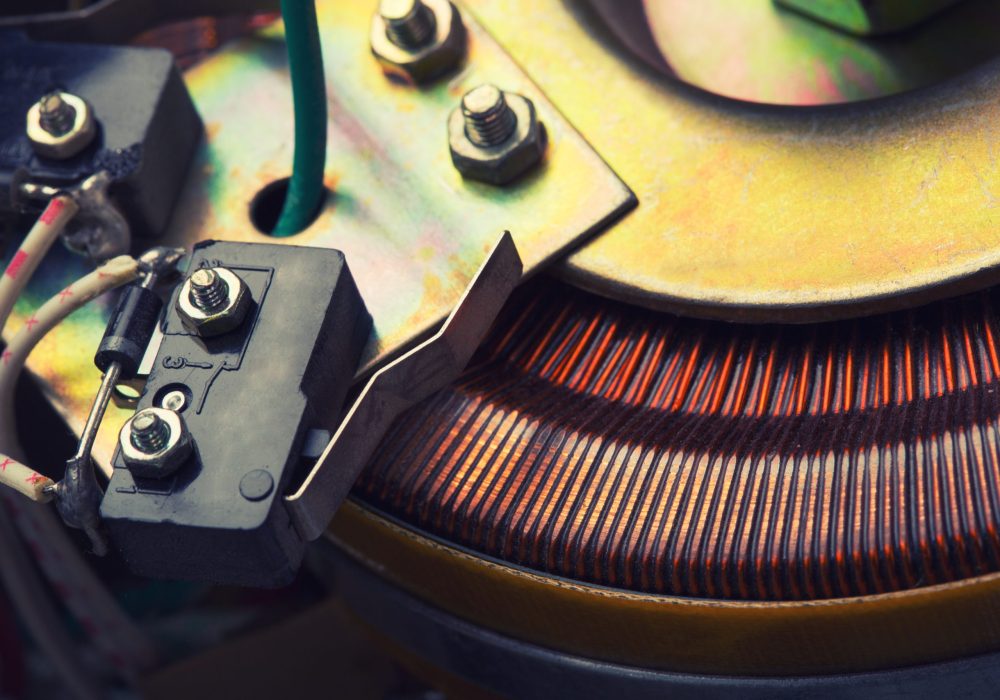 Closeup of copper inductor in electrical transformer